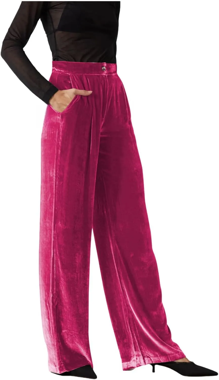 JUMISEE Womens Velvet Wide Leg Pants Elastic High Waisted Palazzo Pants Business Work Casual Trousers with Pockets