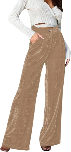 JUMISEE Women’s Velvet Wide Leg Pants Elastic High Waisted Palazzo Pants Business Work Casual Trousers with Pockets
