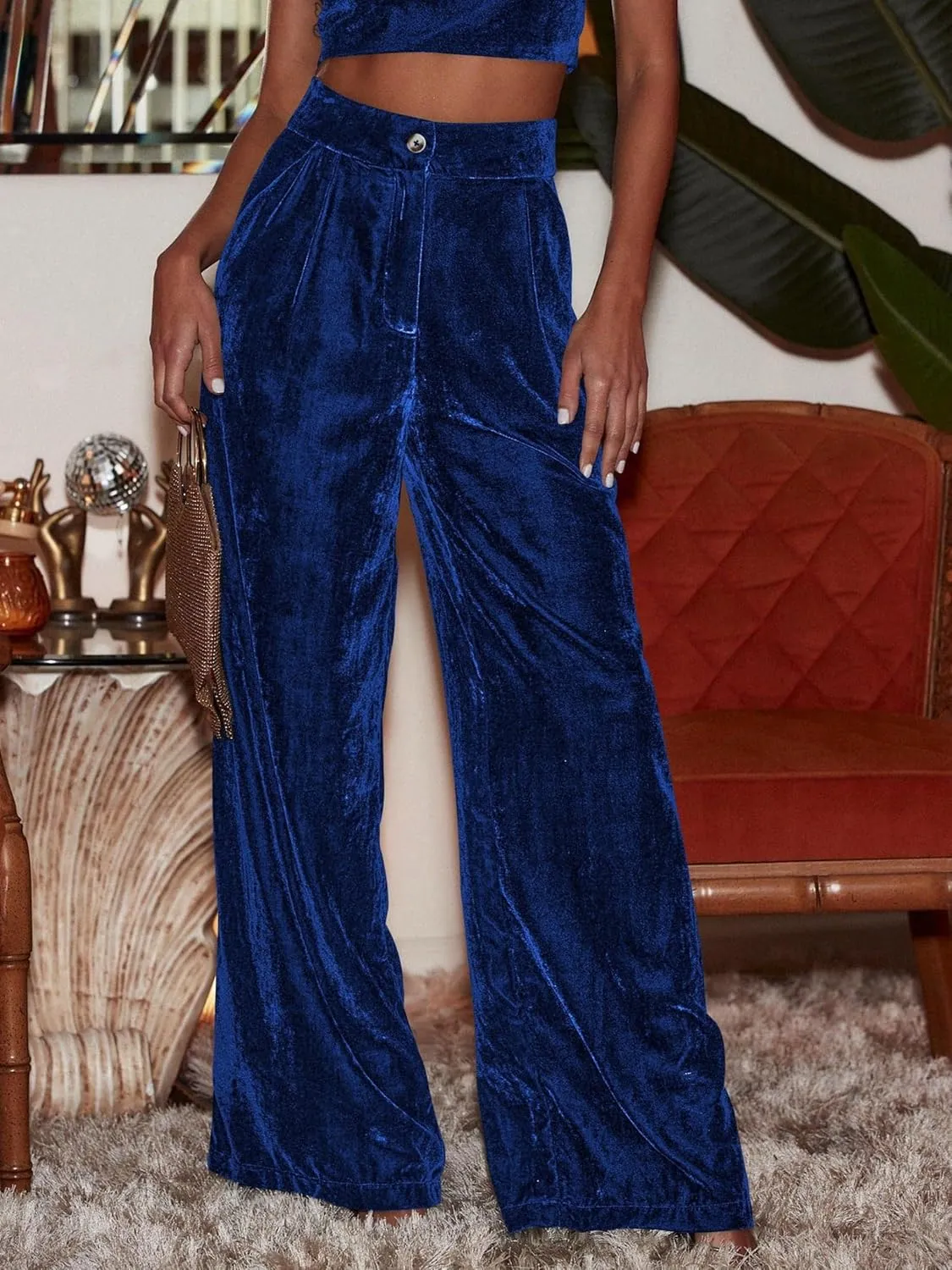 JUMISEE Womens Velvet Wide Leg Pants Elastic High Waisted Palazzo Pants Business Work Casual Trousers with Pockets