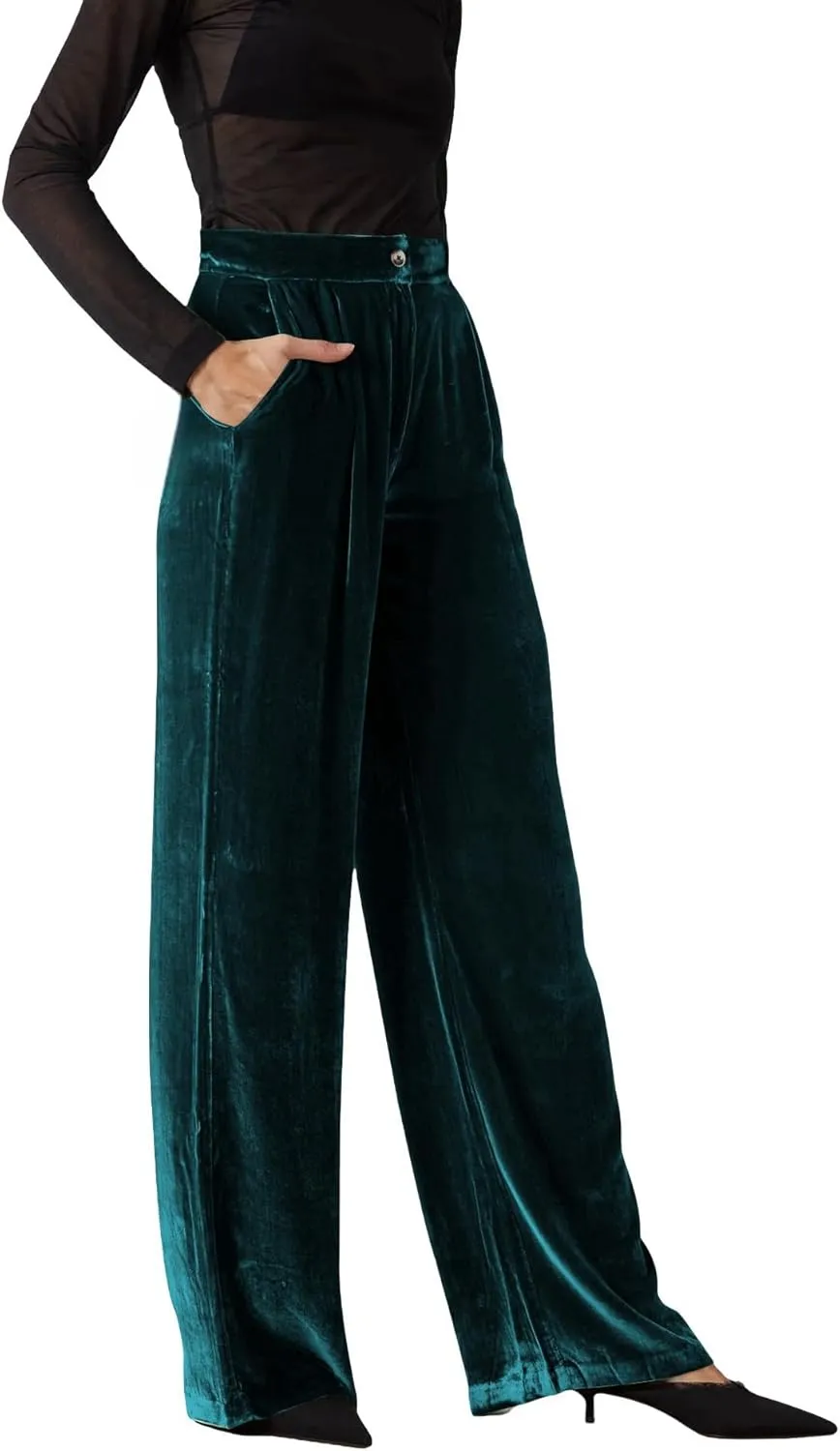 JUMISEE Womens Velvet Wide Leg Pants Elastic High Waisted Palazzo Pants Business Work Casual Trousers with Pockets