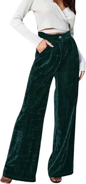 JUMISEE Women’s Velvet Wide Leg Pants Elastic High Waisted Palazzo Pants Business Work Casual Trousers with Pockets