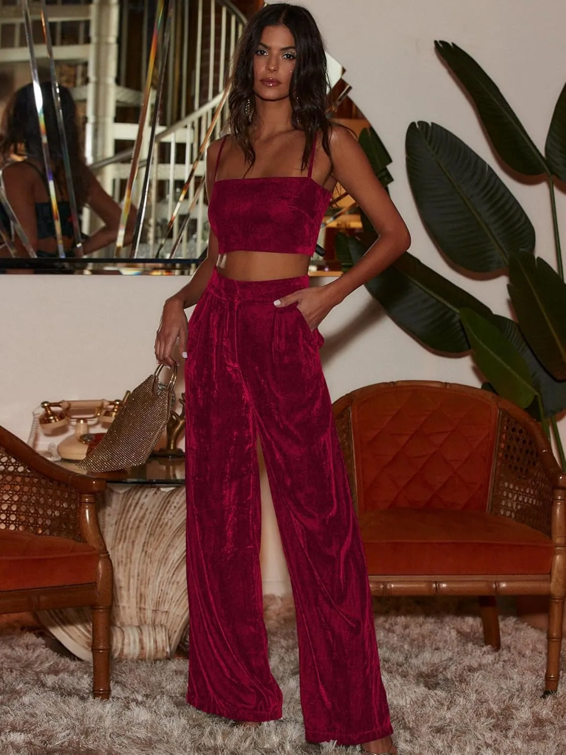 JUMISEE Womens Velvet Wide Leg Pants Elastic High Waisted Palazzo Pants Business Work Casual Trousers with Pockets