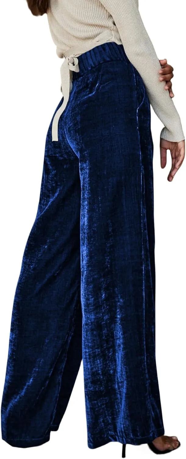 JUMISEE Womens Velvet Wide Leg Pants Elastic High Waisted Palazzo Pants Business Work Casual Trousers with Pockets