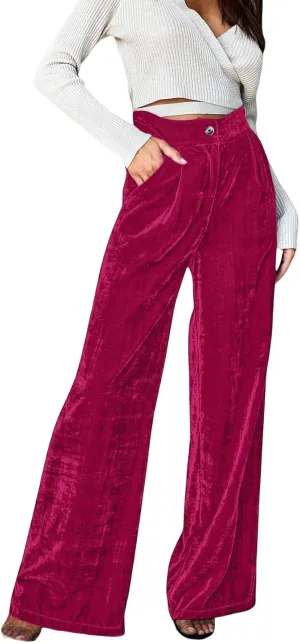 JUMISEE Women’s Velvet Wide Leg Pants Elastic High Waisted Palazzo Pants Business Work Casual Trousers with Pockets