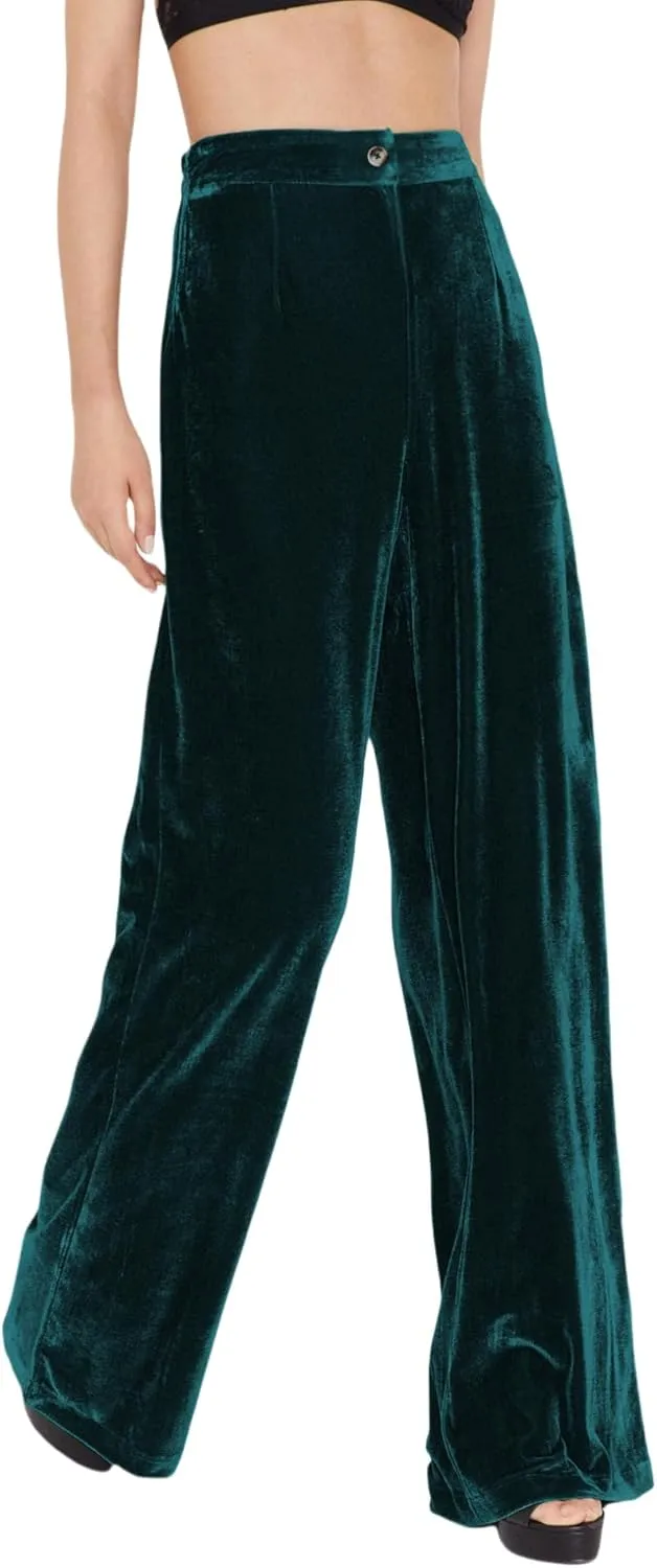 JUMISEE Womens Velvet Wide Leg Pants Elastic High Waisted Palazzo Pants Business Work Casual Trousers with Pockets