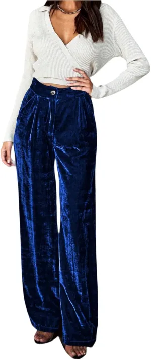 JUMISEE Women’s Velvet Wide Leg Pants Elastic High Waisted Palazzo Pants Business Work Casual Trousers with Pockets