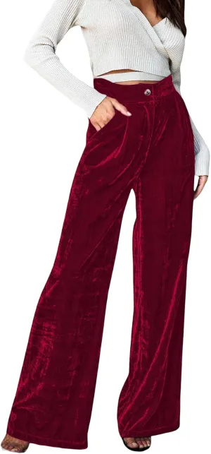 JUMISEE Women’s Velvet Wide Leg Pants Elastic High Waisted Palazzo Pants Business Work Casual Trousers with Pockets