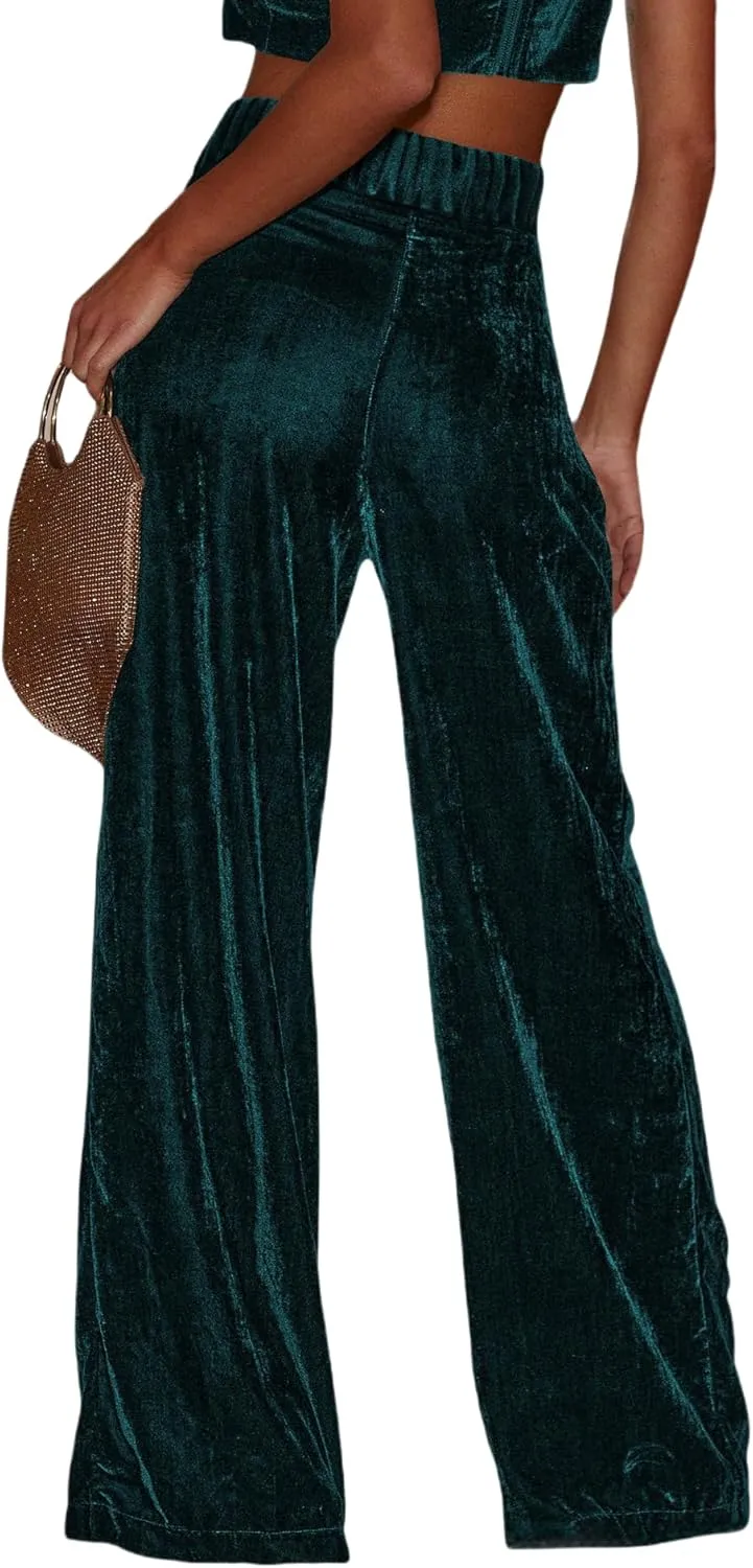 JUMISEE Womens Velvet Wide Leg Pants Elastic High Waisted Palazzo Pants Business Work Casual Trousers with Pockets