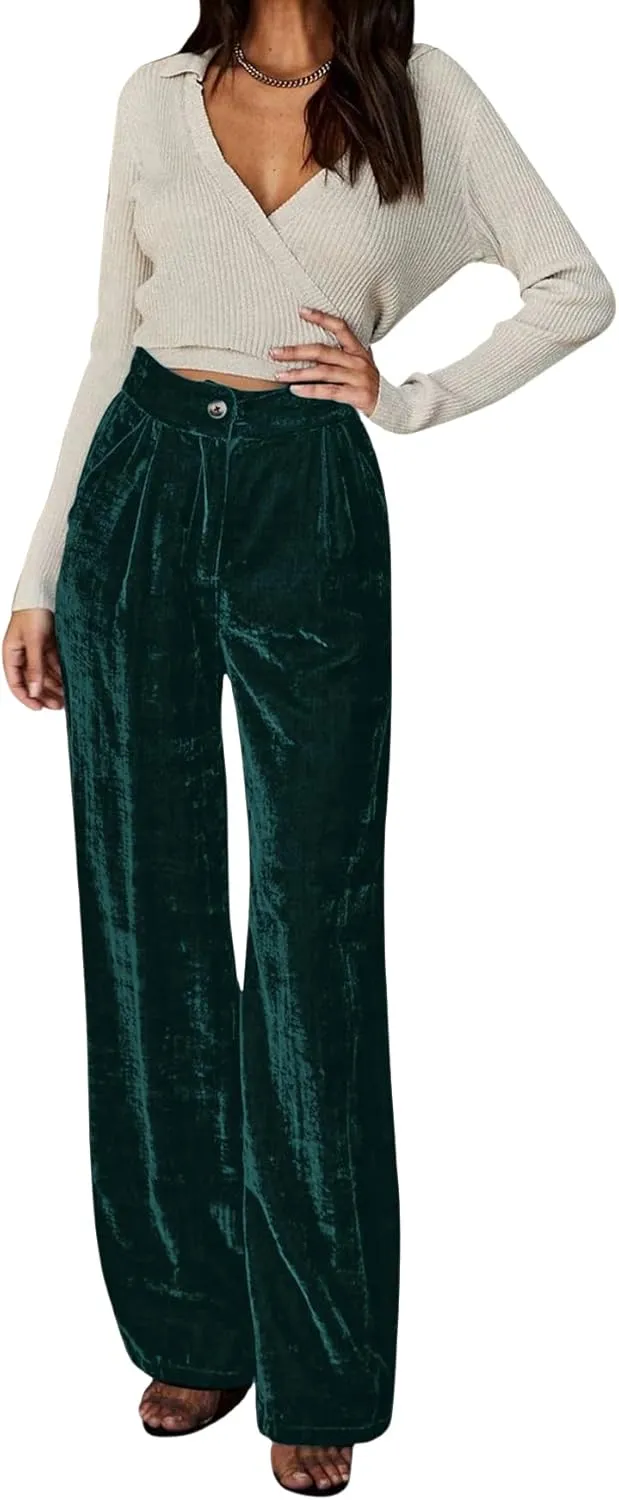 JUMISEE Womens Velvet Wide Leg Pants Elastic High Waisted Palazzo Pants Business Work Casual Trousers with Pockets