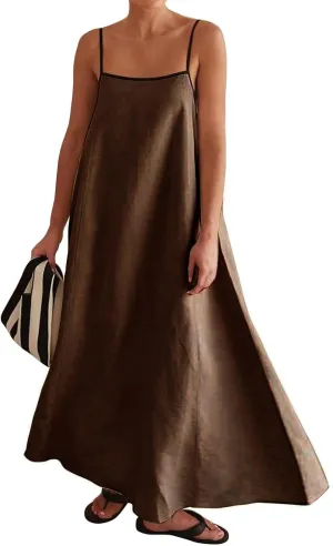 Kubbon Womens Linen Maxi Dress 2025 Summer Contrast Spaghetti Strap Dress Casual Sleeveless T Shirt Beach Dresses