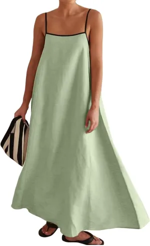 Kubbon Womens Linen Maxi Dress 2025 Summer Contrast Spaghetti Strap Dress Casual Sleeveless T Shirt Beach Dresses