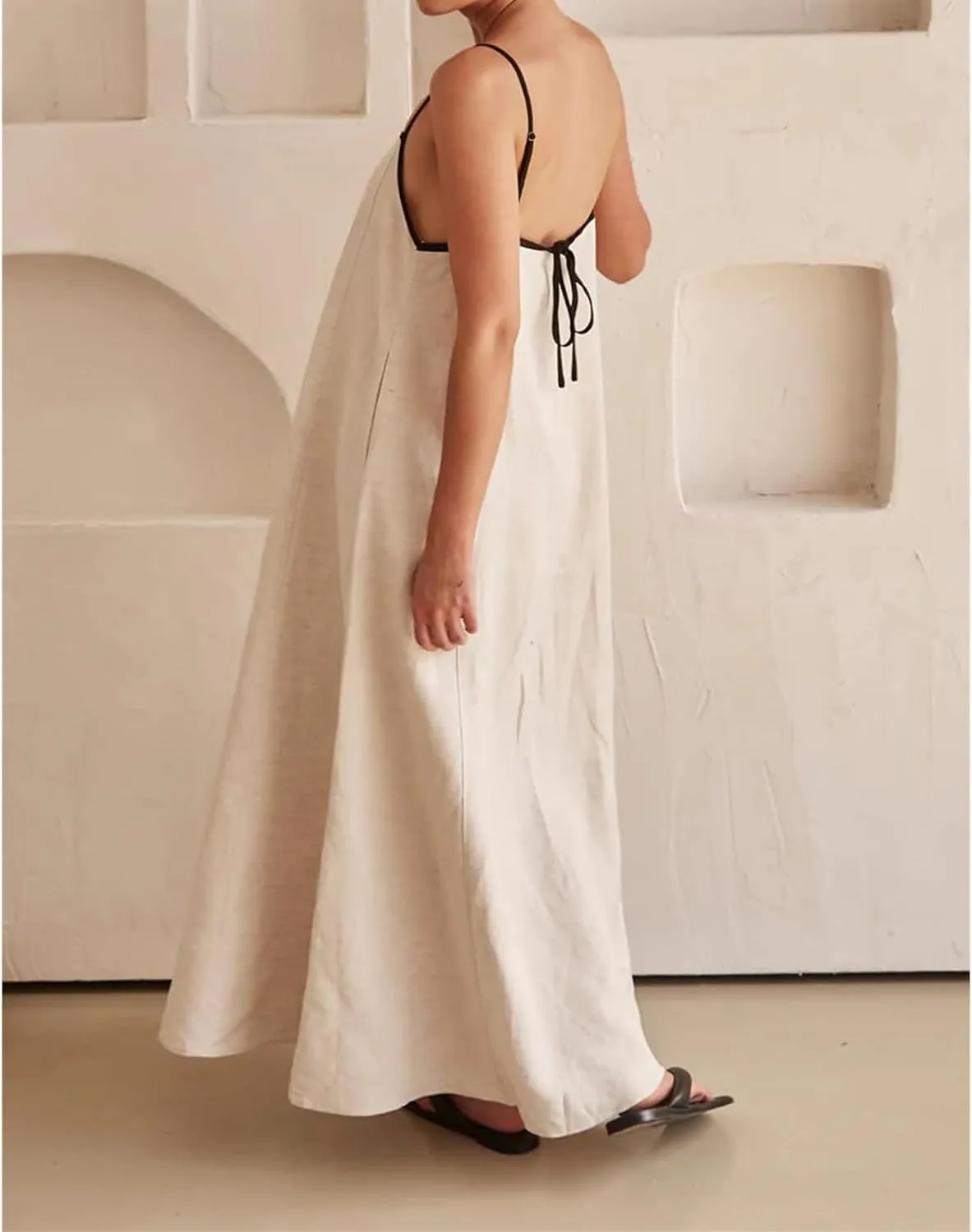 Kubbon Womens Linen Maxi Dress 2025 Summer Contrast Spaghetti Strap Dress Casual Sleeveless T Shirt Beach Dresses