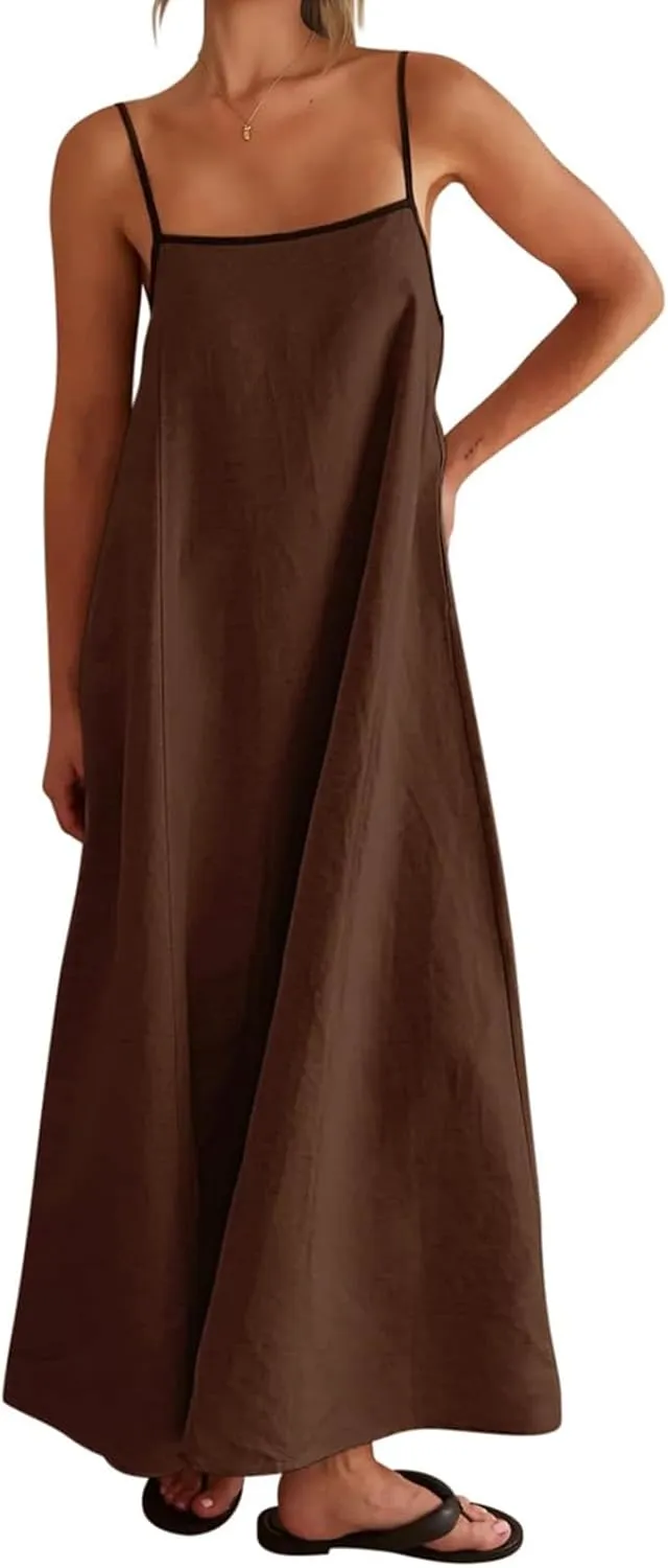 Kubbon Womens Linen Maxi Dress 2025 Summer Contrast Spaghetti Strap Dress Casual Sleeveless T Shirt Beach Dresses