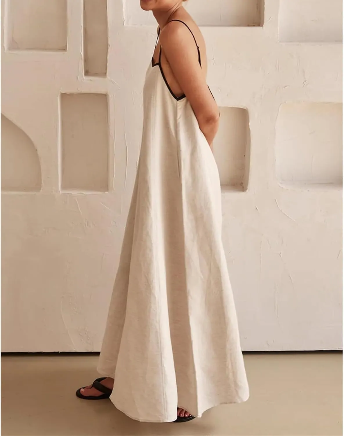 Kubbon Womens Linen Maxi Dress 2025 Summer Contrast Spaghetti Strap Dress Casual Sleeveless T Shirt Beach Dresses