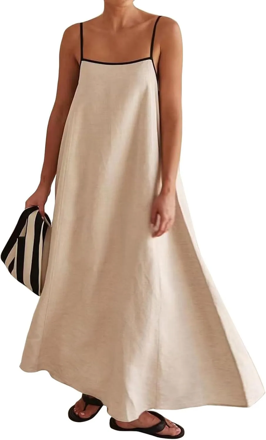 Kubbon Womens Linen Maxi Dress 2025 Summer Contrast Spaghetti Strap Dress Casual Sleeveless T Shirt Beach Dresses