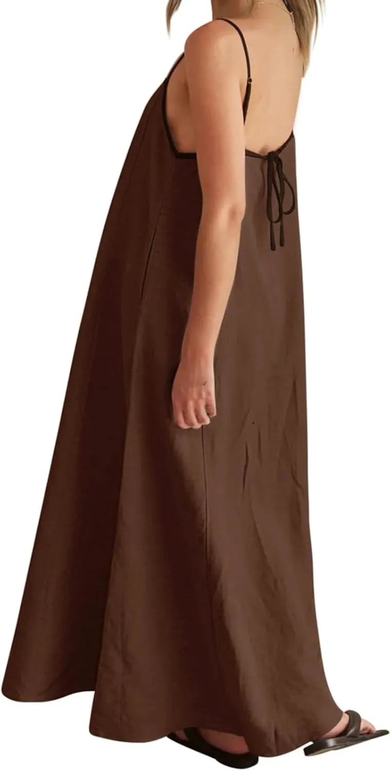 Kubbon Womens Linen Maxi Dress 2025 Summer Contrast Spaghetti Strap Dress Casual Sleeveless T Shirt Beach Dresses