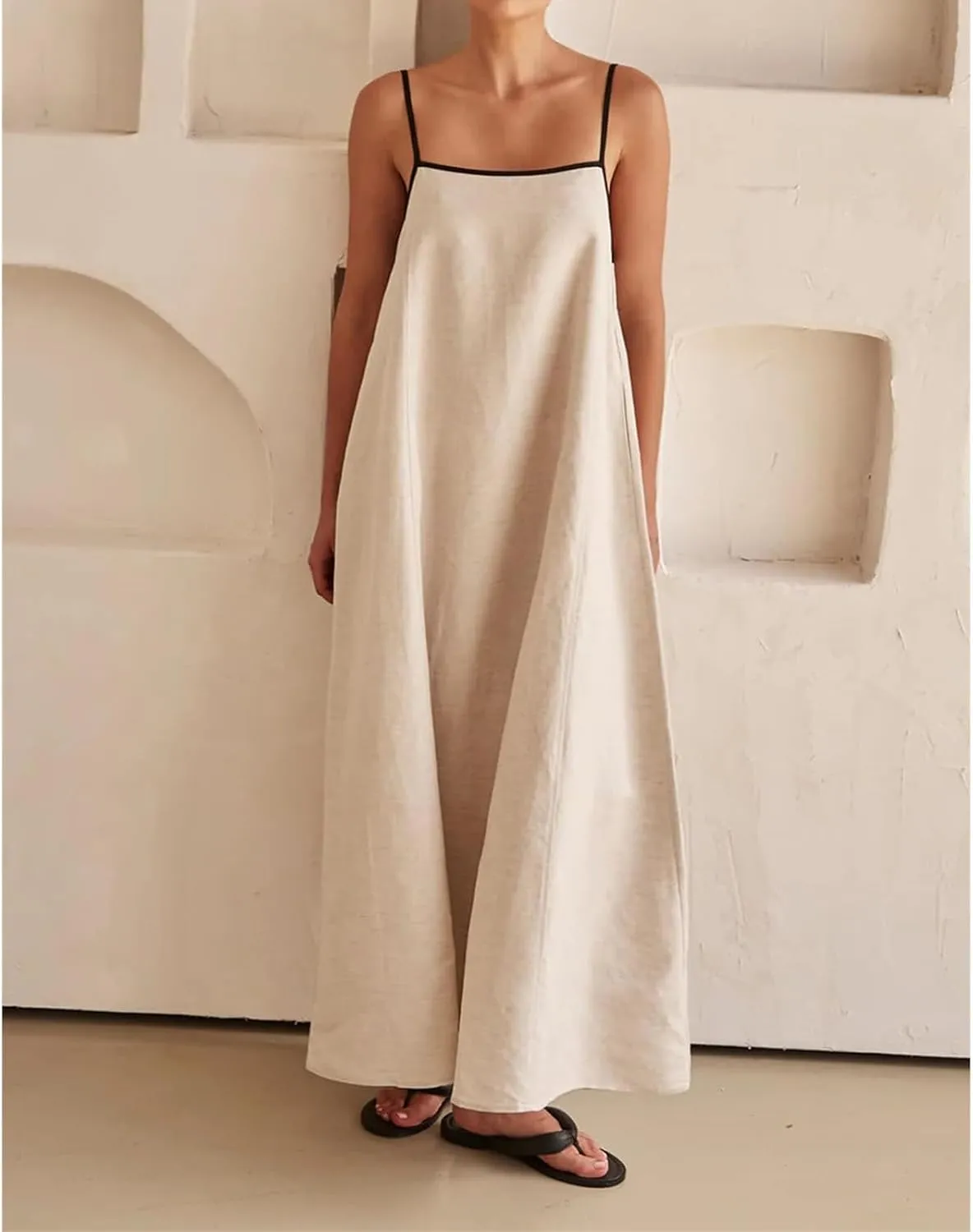 Kubbon Womens Linen Maxi Dress 2025 Summer Contrast Spaghetti Strap Dress Casual Sleeveless T Shirt Beach Dresses
