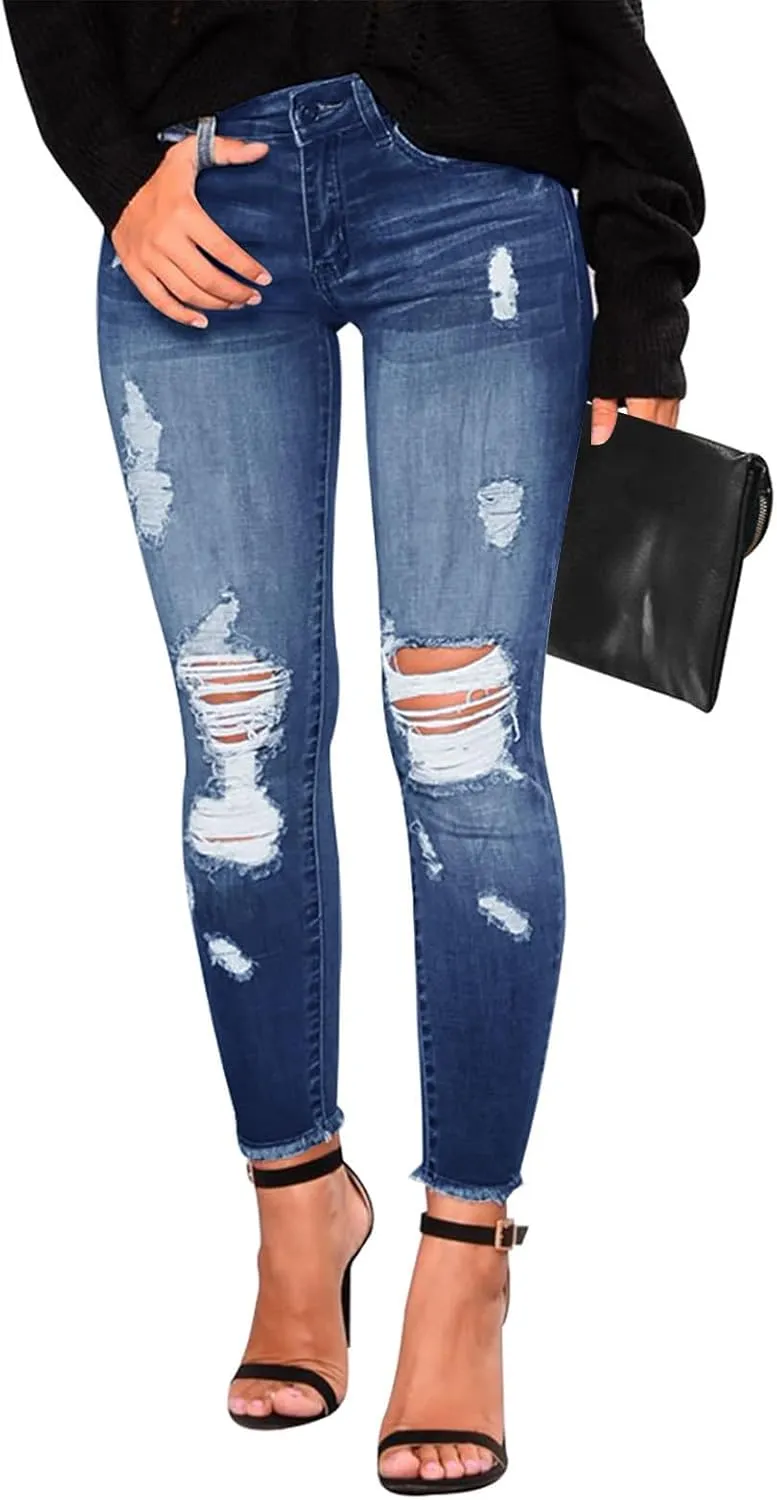 KUNMI Women's Skinny Ripped Trendy Jeans Distressed Stretchy Denim Pants