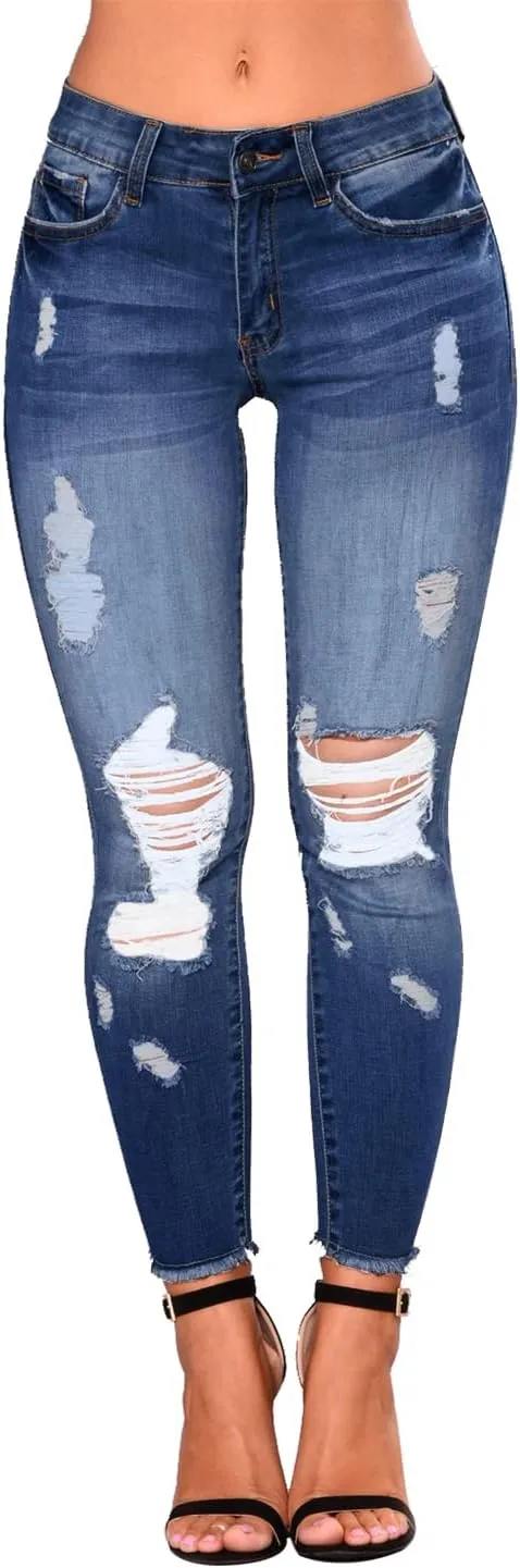 KUNMI Women's Skinny Ripped Trendy Jeans Distressed Stretchy Denim Pants