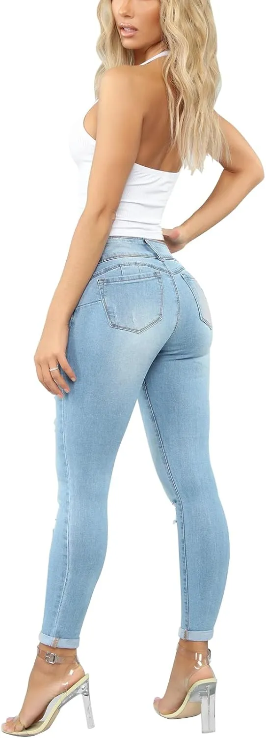KUNMI Women's Skinny Ripped Trendy Jeans Distressed Stretchy Denim Pants