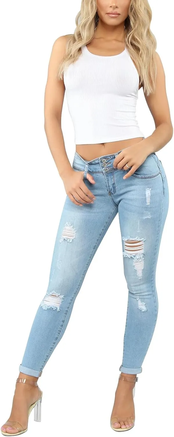 KUNMI Women's Skinny Ripped Trendy Jeans Distressed Stretchy Denim Pants