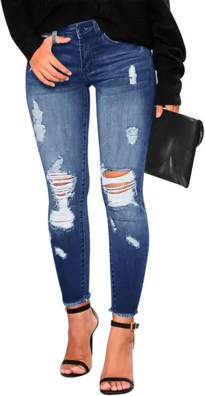 KUNMI Women's Skinny Ripped Trendy Jeans Distressed Stretchy Denim Pants