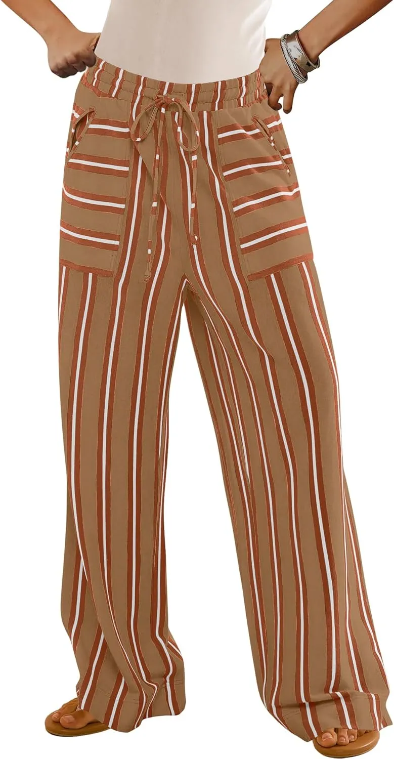 LAMISSCHE Womens Oversized Striped Wide Leg Pants High Waisted Lounge Pants Beach Trousers with Pockets