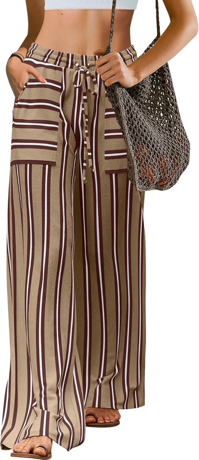 LAMISSCHE Womens Oversized Striped Wide Leg Pants High Waisted Lounge Pants Beach Trousers with Pockets
