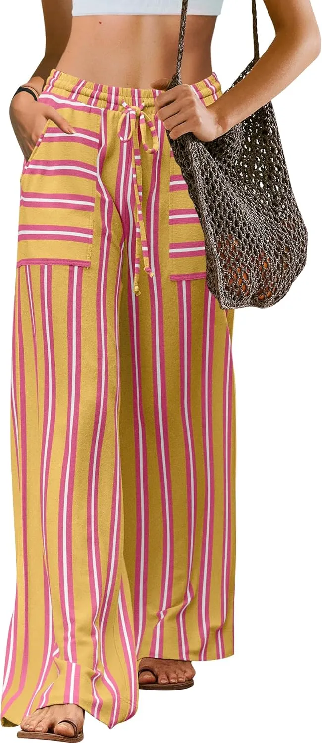 LAMISSCHE Womens Oversized Striped Wide Leg Pants High Waisted Lounge Pants Beach Trousers with Pockets