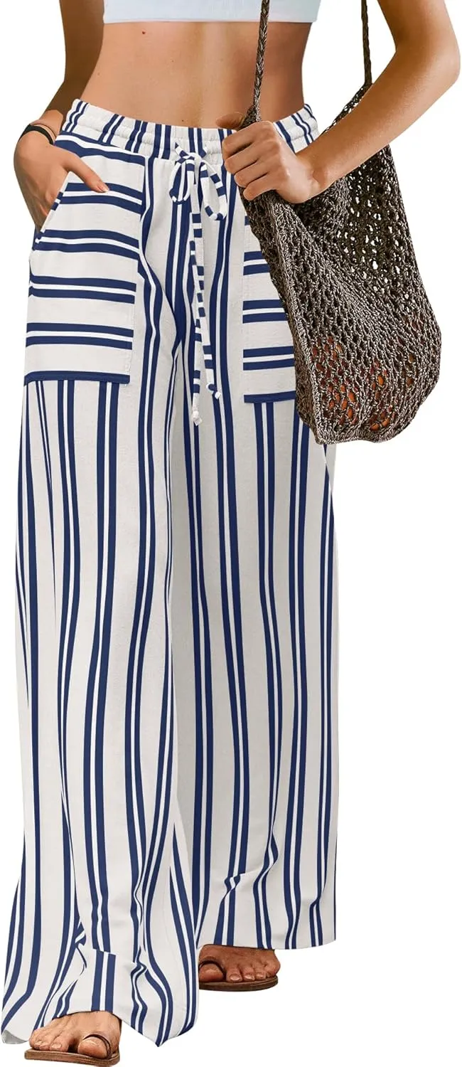 LAMISSCHE Womens Oversized Striped Wide Leg Pants High Waisted Lounge Pants Beach Trousers with Pockets