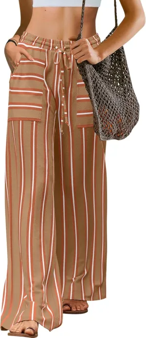 LAMISSCHE Womens Oversized Striped Wide Leg Pants High Waisted Lounge Pants Beach Trousers with Pockets