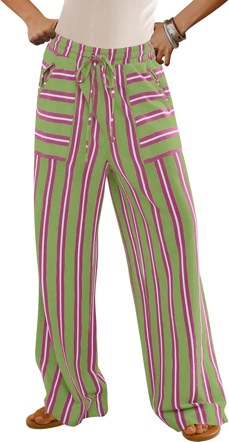 LAMISSCHE Womens Oversized Striped Wide Leg Pants High Waisted Lounge Pants Beach Trousers with Pockets