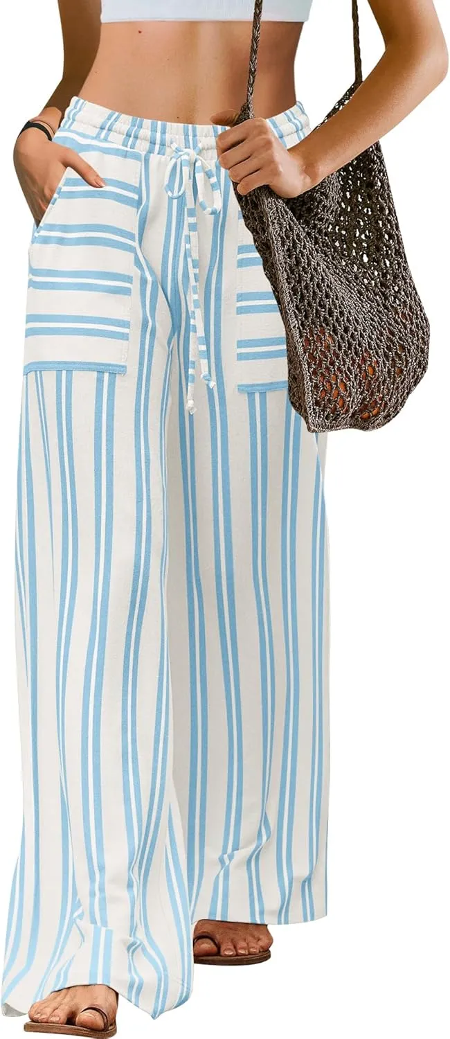 LAMISSCHE Womens Oversized Striped Wide Leg Pants High Waisted Lounge Pants Beach Trousers with Pockets