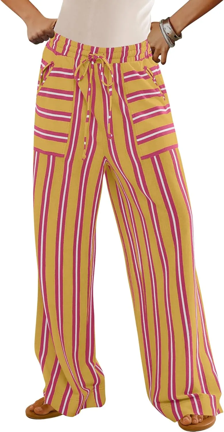 LAMISSCHE Womens Oversized Striped Wide Leg Pants High Waisted Lounge Pants Beach Trousers with Pockets