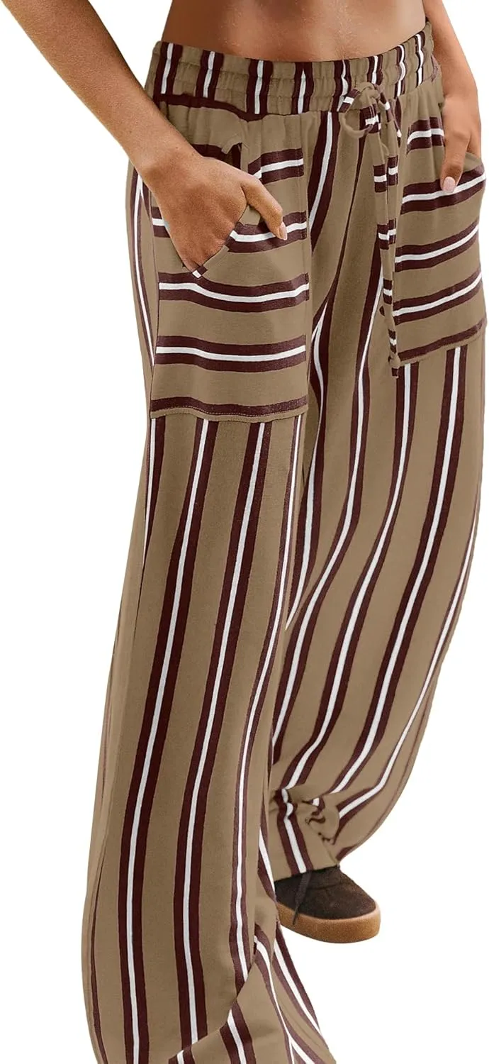 LAMISSCHE Womens Oversized Striped Wide Leg Pants High Waisted Lounge Pants Beach Trousers with Pockets