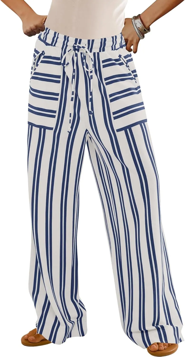 LAMISSCHE Womens Oversized Striped Wide Leg Pants High Waisted Lounge Pants Beach Trousers with Pockets