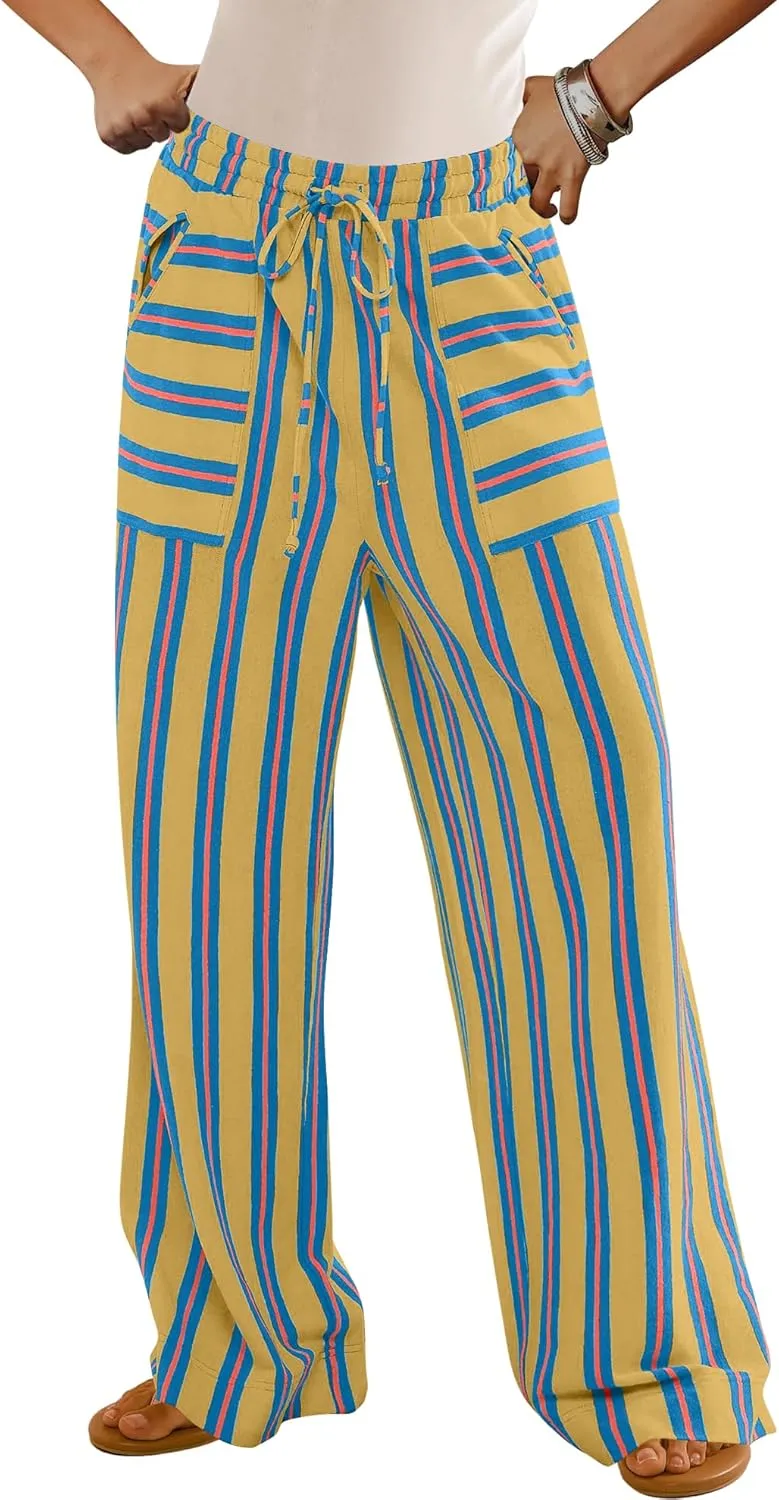 LAMISSCHE Womens Oversized Striped Wide Leg Pants High Waisted Lounge Pants Beach Trousers with Pockets
