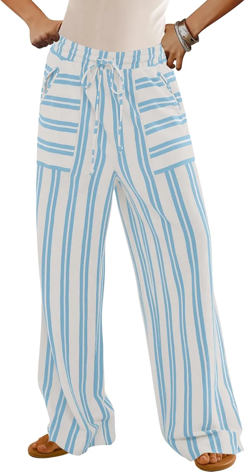 LAMISSCHE Womens Oversized Striped Wide Leg Pants High Waisted Lounge Pants Beach Trousers with Pockets