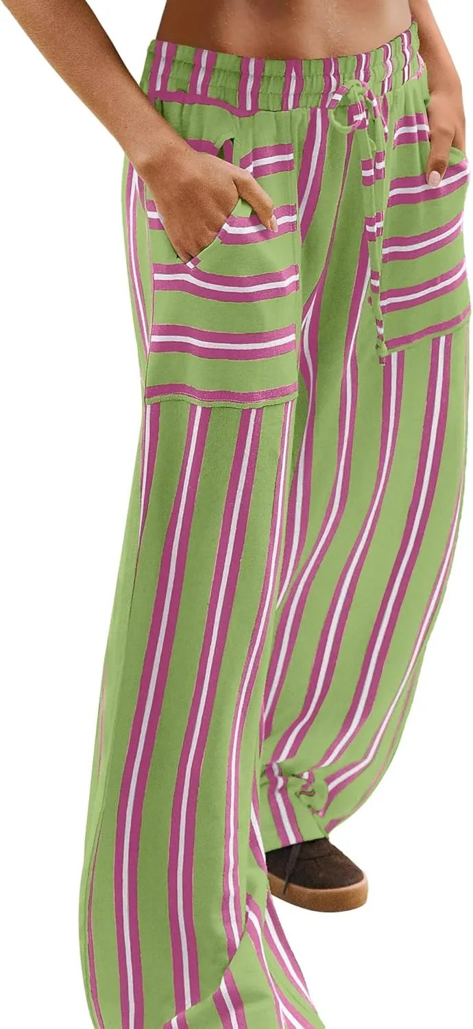 LAMISSCHE Womens Oversized Striped Wide Leg Pants High Waisted Lounge Pants Beach Trousers with Pockets