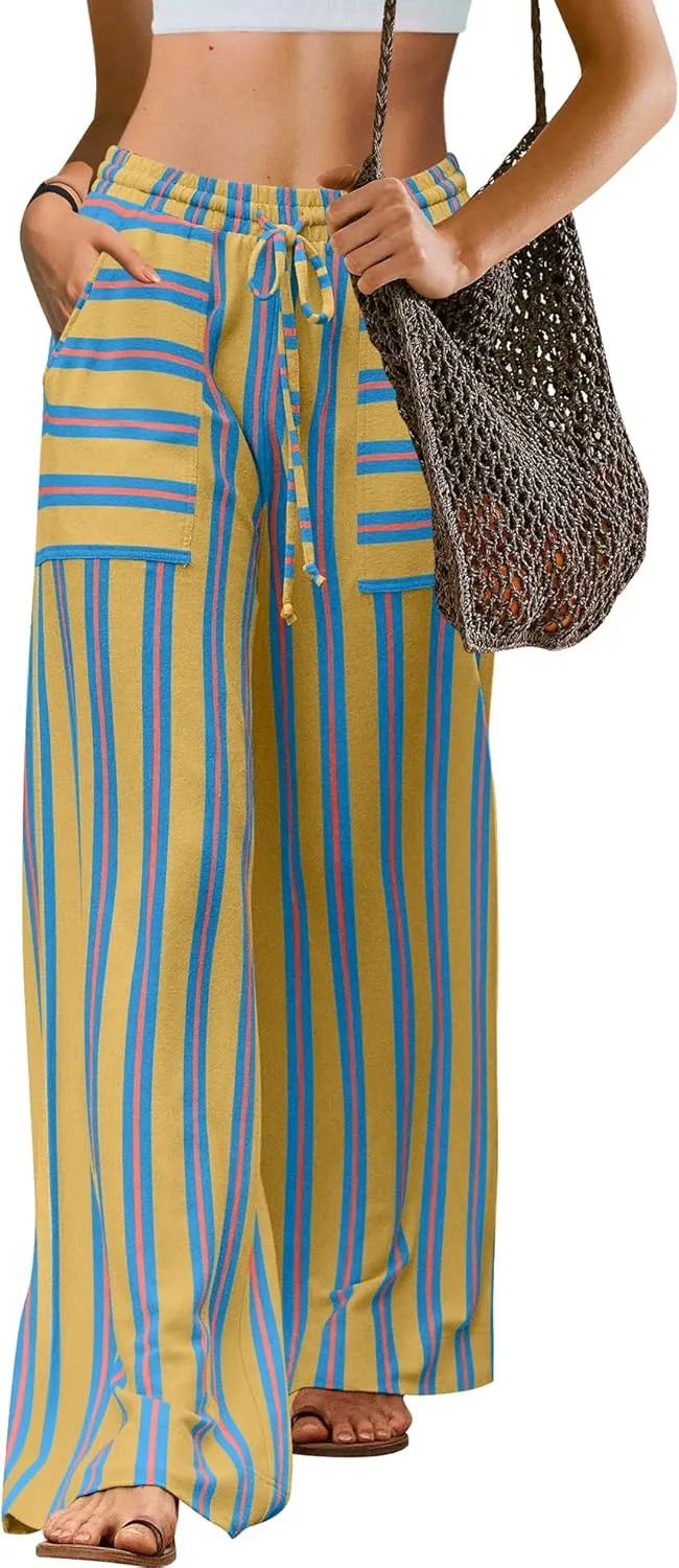 LAMISSCHE Womens Oversized Striped Wide Leg Pants High Waisted Lounge Pants Beach Trousers with Pockets