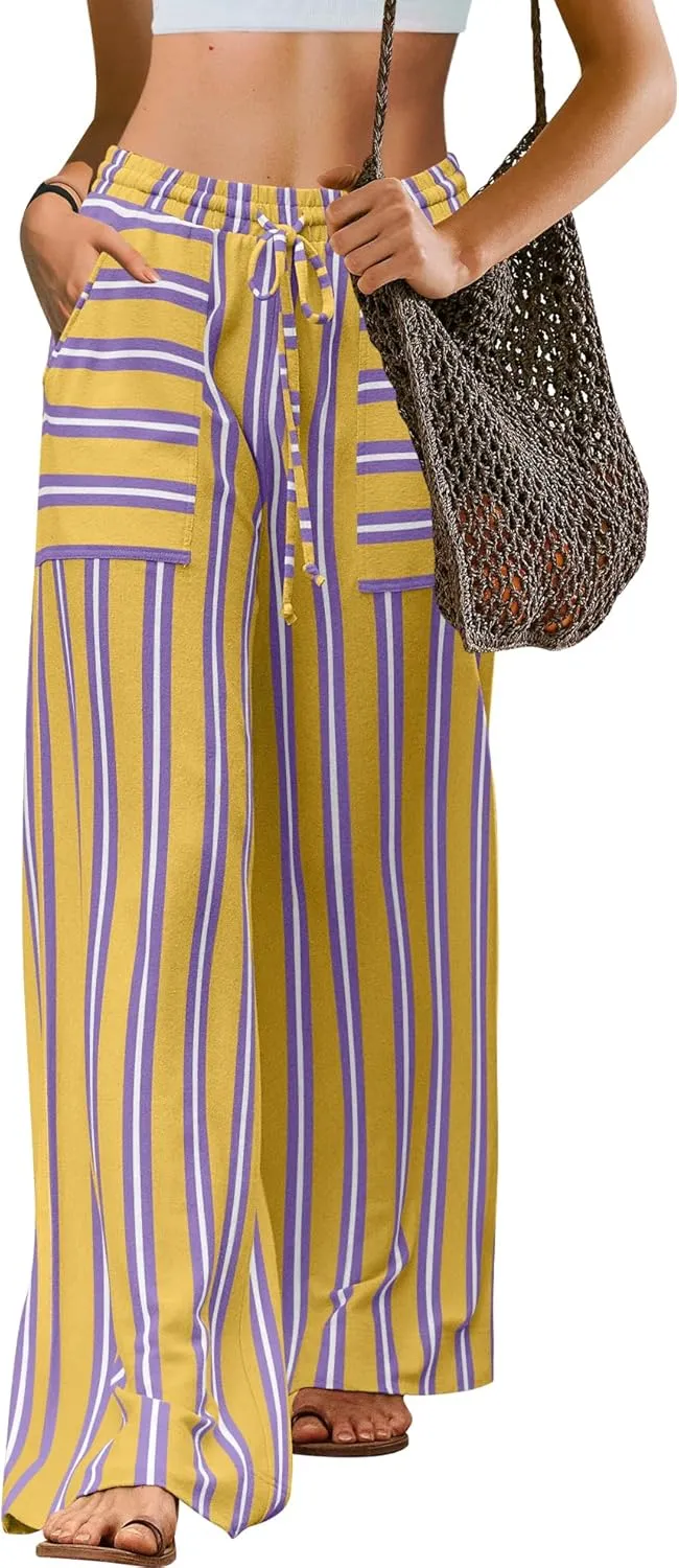 LAMISSCHE Womens Oversized Striped Wide Leg Pants High Waisted Lounge Pants Beach Trousers with Pockets