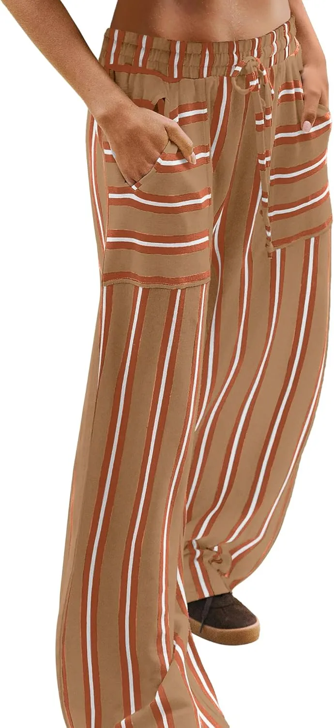 LAMISSCHE Womens Oversized Striped Wide Leg Pants High Waisted Lounge Pants Beach Trousers with Pockets