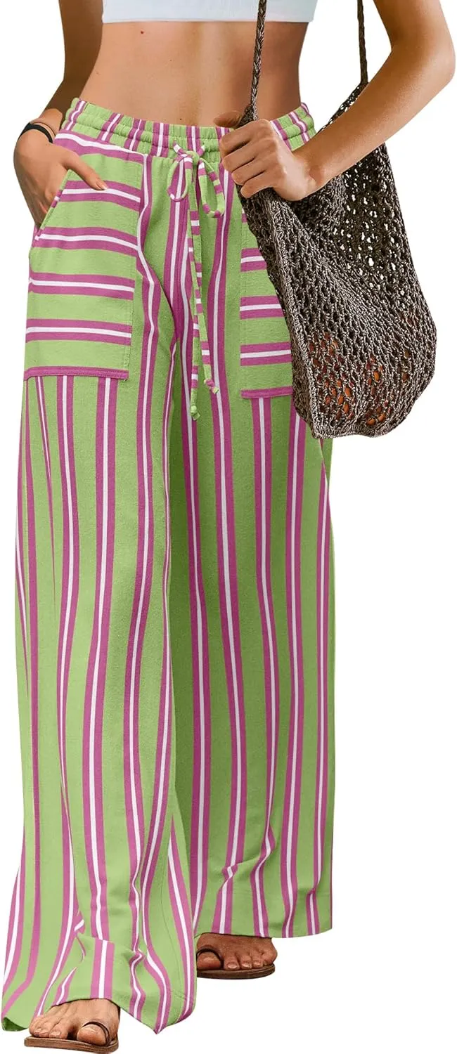 LAMISSCHE Womens Oversized Striped Wide Leg Pants High Waisted Lounge Pants Beach Trousers with Pockets