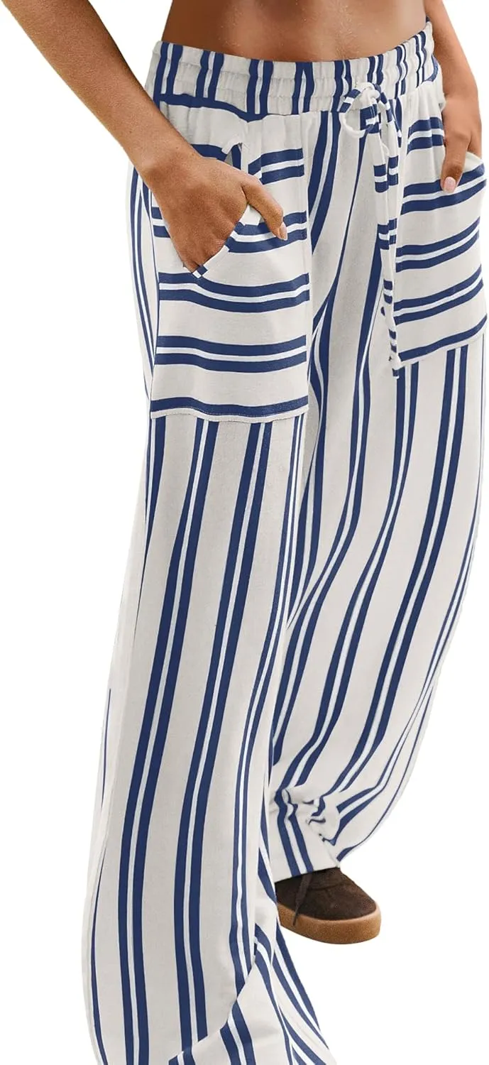 LAMISSCHE Womens Oversized Striped Wide Leg Pants High Waisted Lounge Pants Beach Trousers with Pockets