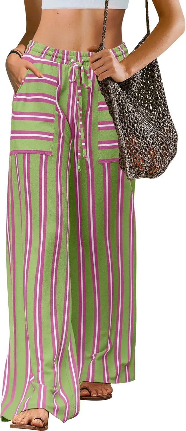 LAMISSCHE Womens Oversized Striped Wide Leg Pants High Waisted Lounge Pants Beach Trousers with Pockets