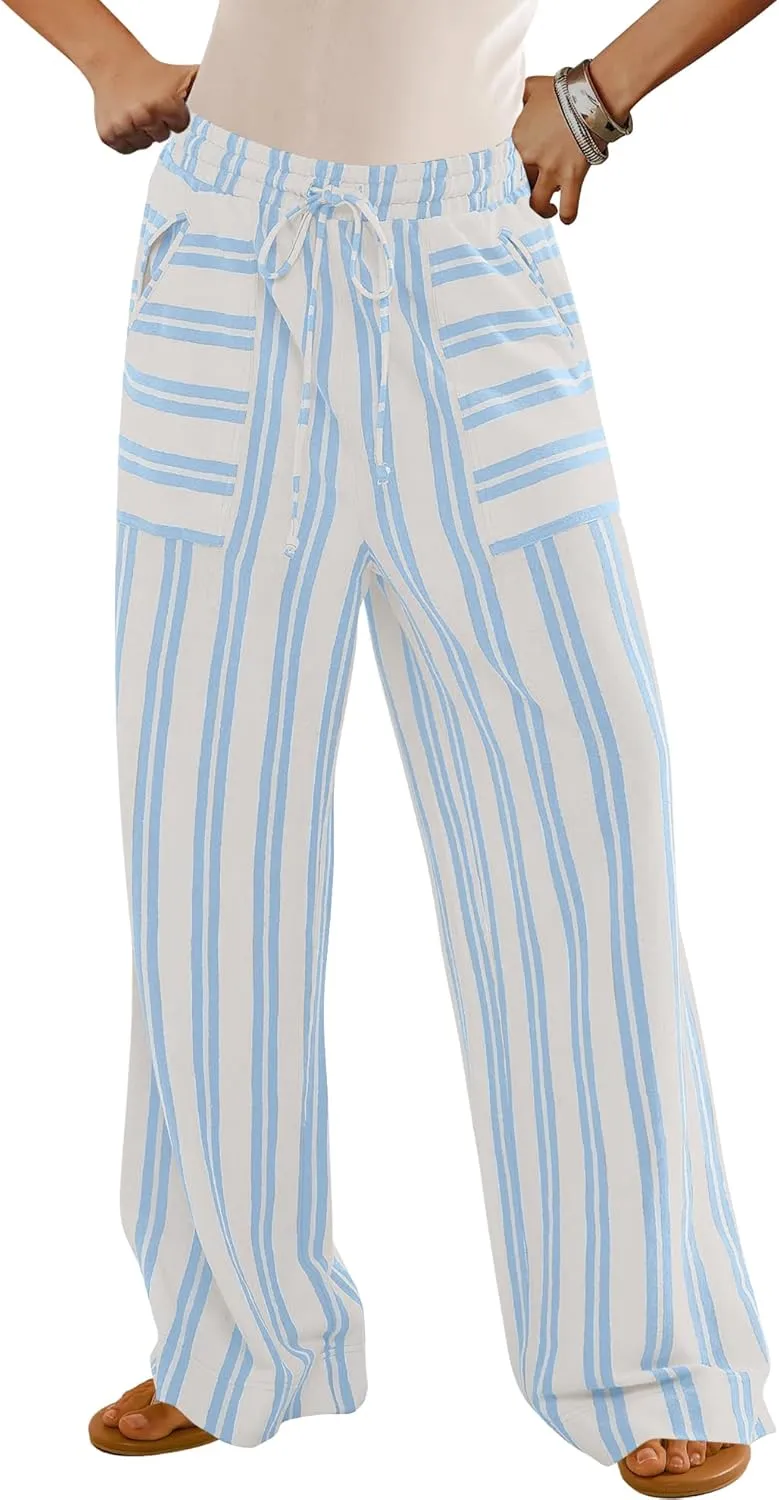 LAMISSCHE Womens Oversized Striped Wide Leg Pants High Waisted Lounge Pants Beach Trousers with Pockets