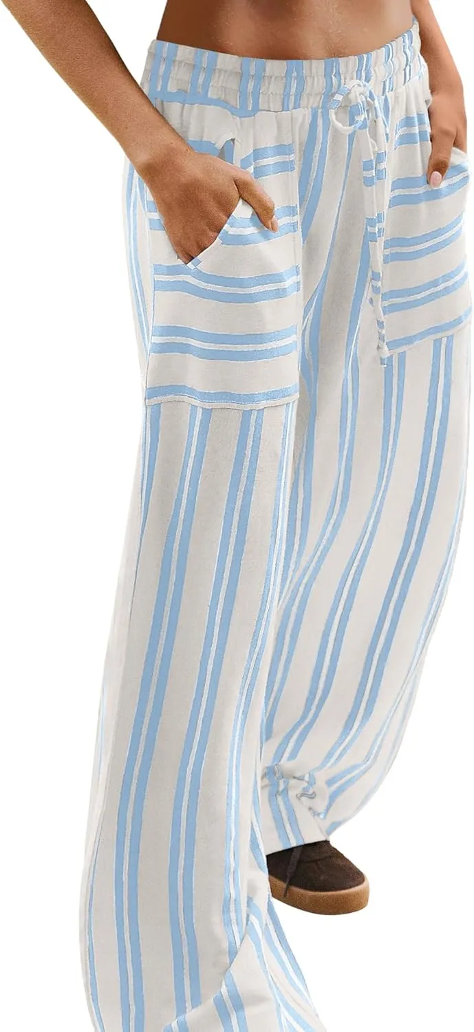 LAMISSCHE Womens Oversized Striped Wide Leg Pants High Waisted Lounge Pants Beach Trousers with Pockets