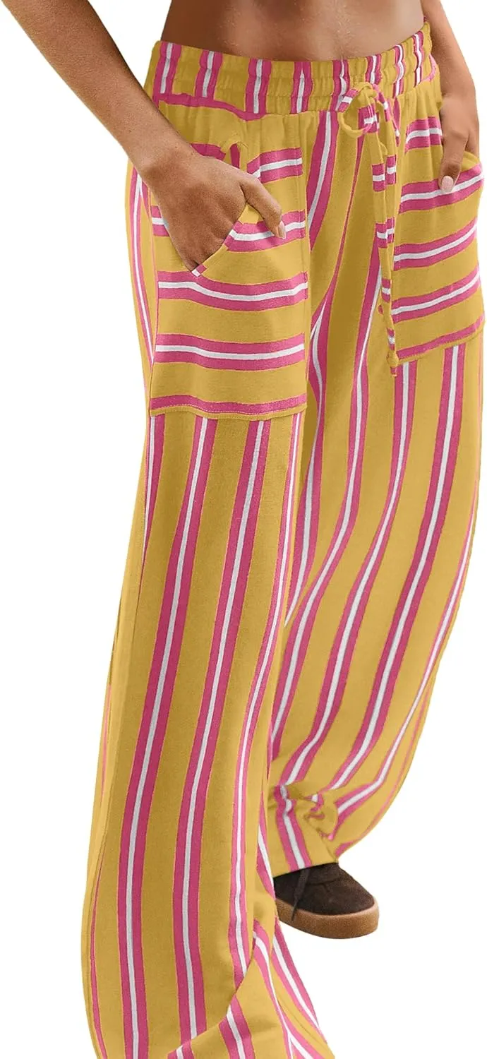 LAMISSCHE Womens Oversized Striped Wide Leg Pants High Waisted Lounge Pants Beach Trousers with Pockets