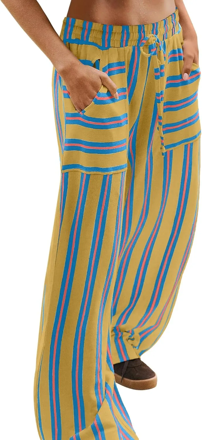 LAMISSCHE Womens Oversized Striped Wide Leg Pants High Waisted Lounge Pants Beach Trousers with Pockets
