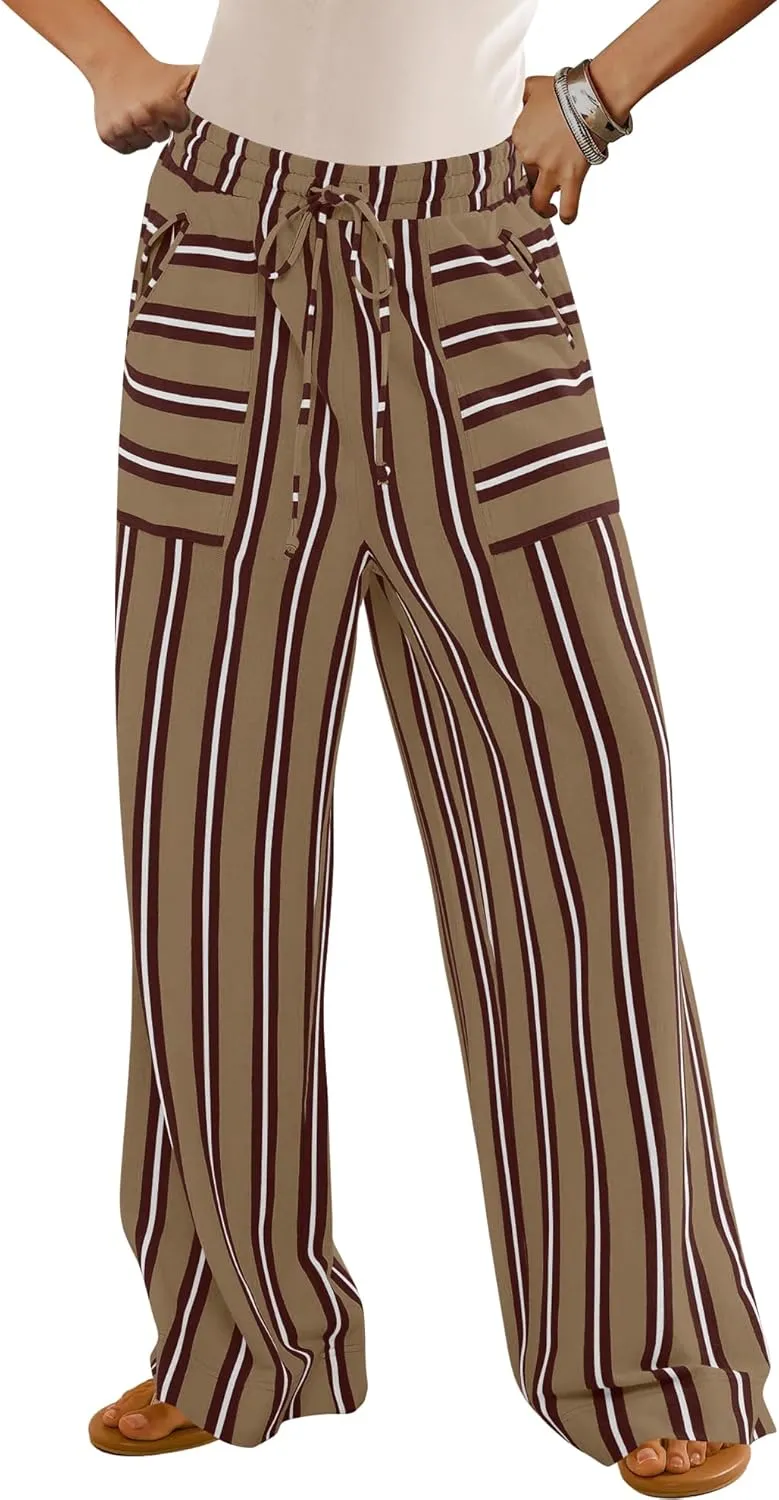 LAMISSCHE Womens Oversized Striped Wide Leg Pants High Waisted Lounge Pants Beach Trousers with Pockets